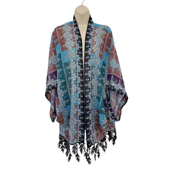Anna Sui Women's Sz PS Petite Small Blue, Purple, Shimmery Kimono w/ Leaf Fringe - Picture 1 of 9
